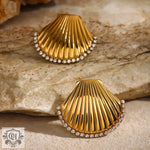 Elegant 18K Gold Beach Style Seashell Earrings with Rhinestone Trim for Light Luxury Appeal