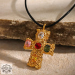 18K gold exquisite cross pendant adorned with colorful gemstones in light luxury style