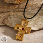 Gold cross pendant with colorful stones in 18K gold light luxury style necklace