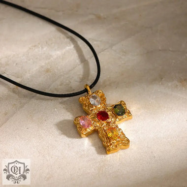 18K gold exquisite cross pendant adorned with colorful gemstones in light luxury style