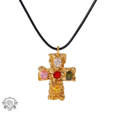 Gold cross pendant with colorful gemstones in light luxury 18K gold design