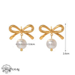 Gold bow earrings with pearl drops in exquisite light luxury style design