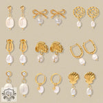 Gold and pearl earrings in light luxury style featuring ginkgo design and irregular shape