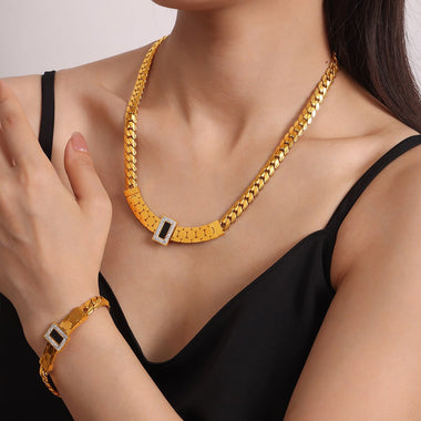 18K gold exquisite light luxury geometric inlaid zircon and gemstone design versatile bracelet necklace set - QH Clothing