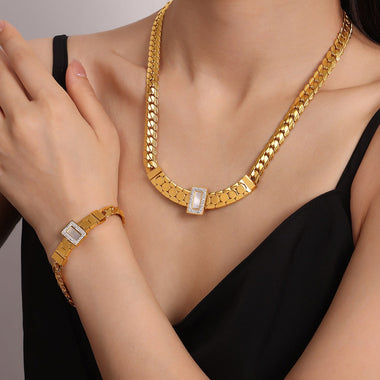 18K gold exquisite light luxury geometric inlaid zircon and gemstone design versatile bracelet necklace set - QH Clothing