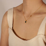 18K gold classic fashionable square plate inlaid gemstone design versatile necklace - QH Clothing