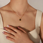 18K gold classic fashionable square plate inlaid gemstone design versatile necklace - QH Clothing