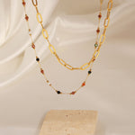 18K gold simple and elegant style stacked necklace with gemstone design - QH Clothing