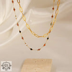 18K gold simple and elegant style stacked necklace with gemstone design - QH Clothing