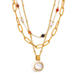 18K gold simple and elegant style stacked necklace with gemstone design - QH Clothing