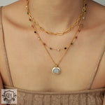 18K gold simple and elegant style stacked necklace with gemstone design - QH Clothing