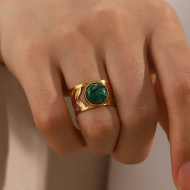 18K Gold Green Malachite Leaf Open Ring - QH Clothing