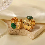 18K Gold Green Malachite Leaf Open Ring - QH Clothing