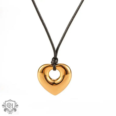 18K Gold Heart Pendant Necklace with Black Wax Rope - QH Clothing