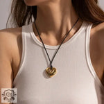 18K Gold Heart Pendant Necklace with Black Wax Rope - QH Clothing