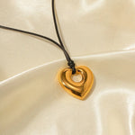 18K Gold Heart Pendant Necklace with Black Wax Rope - QH Clothing