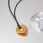 18K Gold Heart Pendant Necklace with Black Wax Rope - QH Clothing