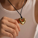 18K Gold Heart Pendant Necklace with Black Wax Rope - QH Clothing