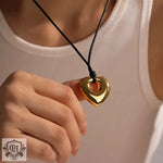 18K Gold Heart Pendant Necklace with Black Wax Rope - QH Clothing