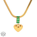 18K Gold Heart Pendant Necklace with Green Zircon - QH Clothing