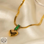 18K Gold Heart Pendant Necklace with Green Zircon - QH Clothing