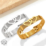 Two metal mesh bracelets with heart charms in 18K Gold Love Bracelet strap design