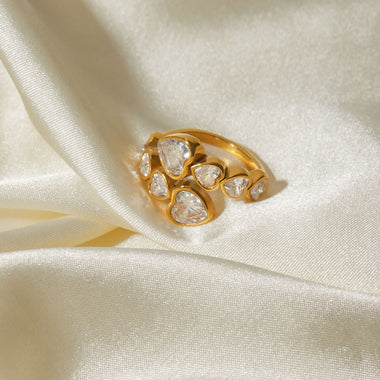 18k gold novel and unique love-shaped zircon staggered design open ring - QH Clothing