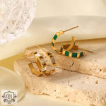 18k Gold Hoop Earrings with White Shell/Green Malachite Inlay - QH Clothing