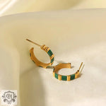 18k Gold Hoop Earrings with White Shell/Green Malachite Inlay - QH Clothing