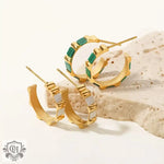 18k Gold Hoop Earrings with White Shell/Green Malachite Inlay - QH Clothing