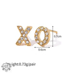 Gold-colored 18K Gold Inlaid XO Letter Earrings adorned with sparkling rhinestones