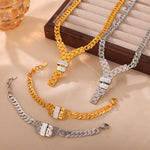 18K gold fashionable letter Y inlaid with zircon design necklace and bracelet set - QH Clothing