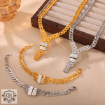 18K gold fashionable letter Y inlaid with zircon design necklace and bracelet set - QH Clothing