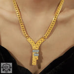 18K gold fashionable letter Y inlaid with zircon design necklace and bracelet set - QH Clothing