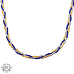 Braided design necklace in 18K gold, featuring blue, gold, and silver accents