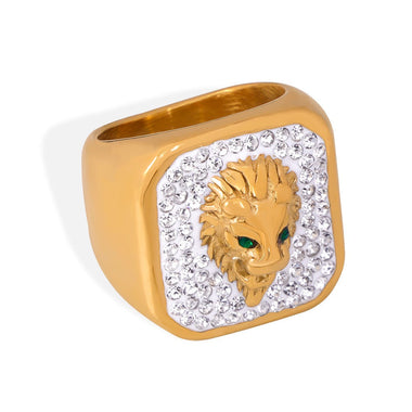 18k gold exquisite fashionable lion relief inlaid zircon design light luxury style ring - QH Clothing