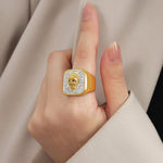 18k gold exquisite fashionable lion relief inlaid zircon design light luxury style ring - QH Clothing