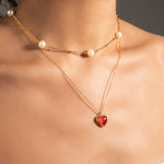 18K gold light luxury fashion love inlaid red agate design pendant necklace - QH Clothing