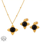 18K gold light luxury style necklace and earring set with elegant black gemstone inlay