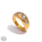 Elegant 18k gold ring with three clear stones for formal occasions and daily wear