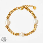 18k gold noble simple pearls and Cuban chain design bracelet - QH Clothing