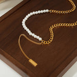 18K gold fashion retro style pearls with geometric square tassel design necklace - QH Clothing