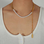 18K gold fashion retro style pearls with geometric square tassel design necklace - QH Clothing