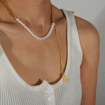 18K gold fashion retro style pearls with geometric square tassel design necklace - QH Clothing