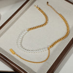 18K gold fashion retro style pearls with geometric square tassel design necklace - QH Clothing