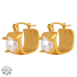 18K Gold Delicate and Fashionable U-Shape Inlaid Pearl Design Versatile Earrings - QH Clothing