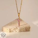 18K Gold Pink Zircon Cross Necklace - QH Clothing