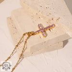 18K Gold Pink Zircon Cross Necklace - QH Clothing