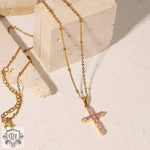 18K Gold Pink Zircon Cross Necklace - QH Clothing