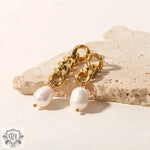 18K Gold Plated Asymmetric Chain Earrings with Pearl Accents - QH Clothing